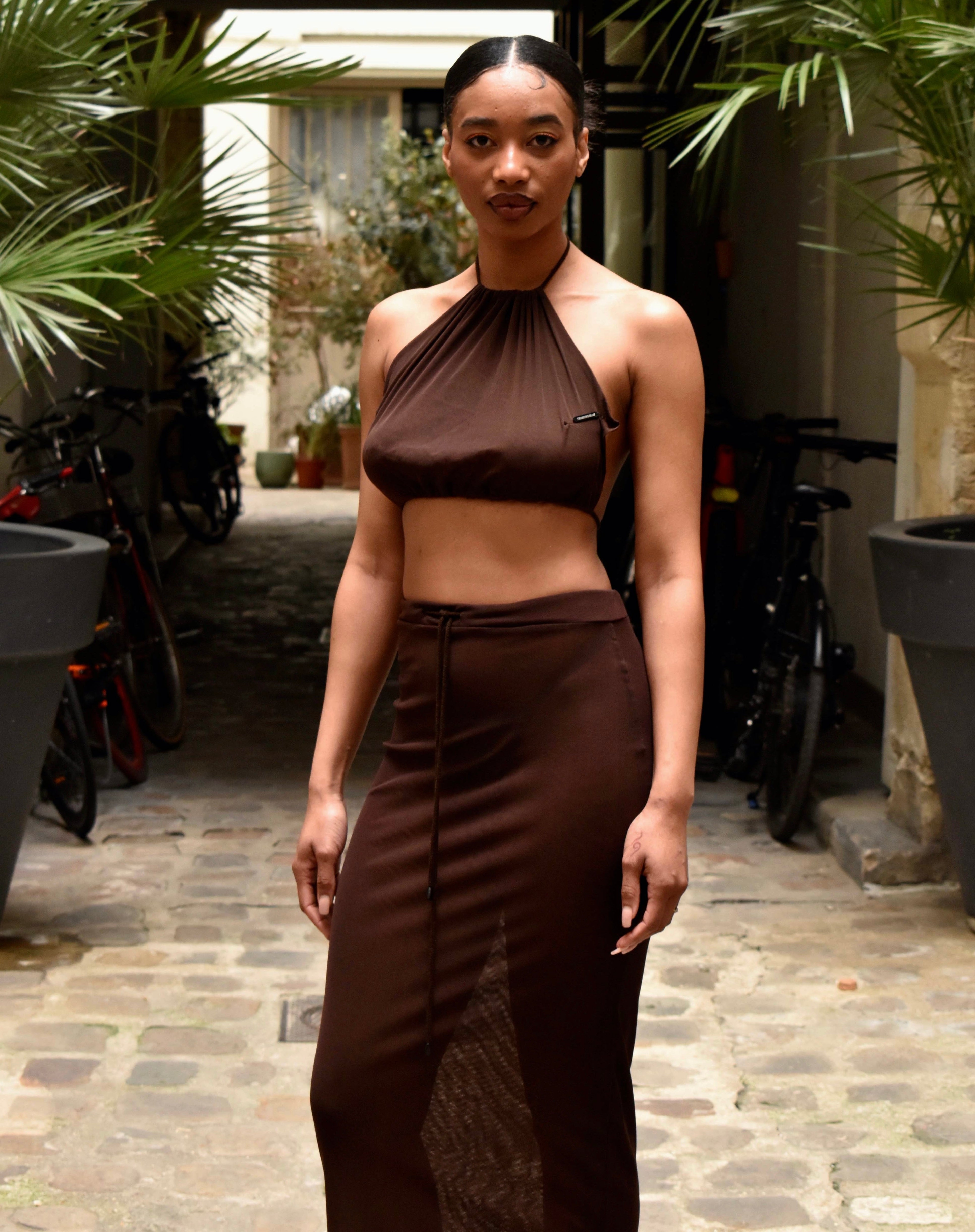 PRE ORDER - Trimingham Chocolate Mesh Halter Top