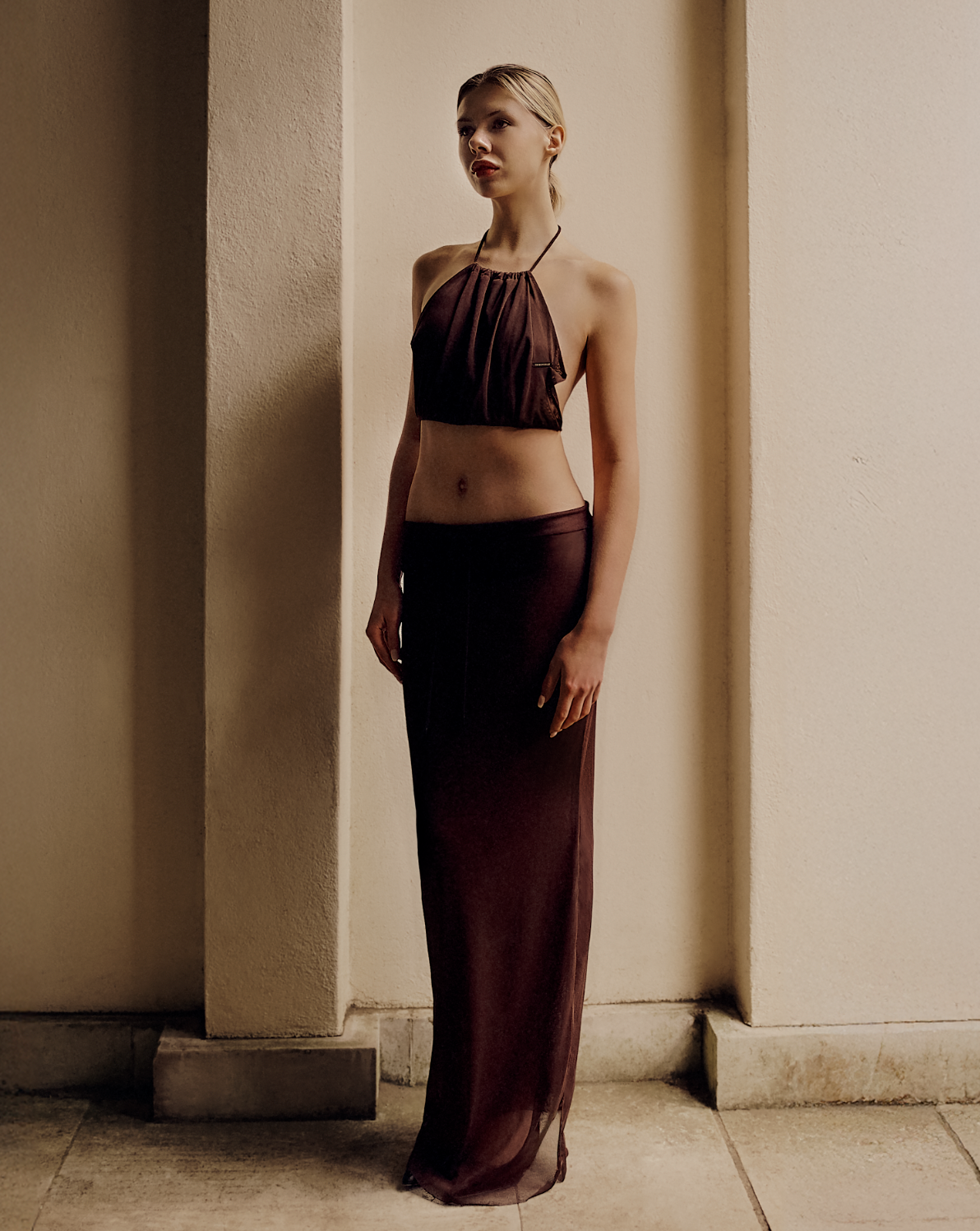 Trimingham Chocolate Mesh Elongated Skirt